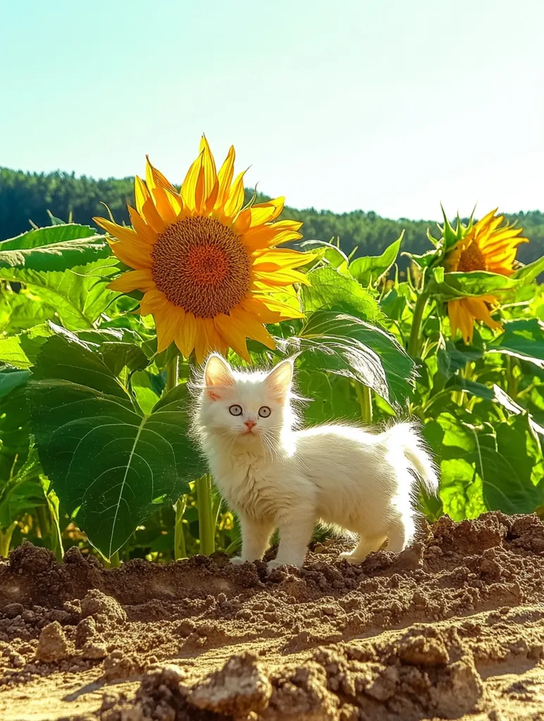 A fluffy white kitten stands alertly in a field of sunflowers.  The bright yellow sunflowers and lush green leaves contrast beautifully with the kitten's pure white fur.  The kitten's blue eyes are wide, and its expression is curious.  The scene is bathed in sunlight, creating a warm and idyllic summer atmosphere. The kitten is nestled amongst the plants, near the base of a large sunflower.