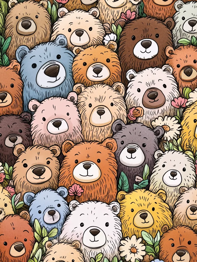 A whimsical illustration densely packed with numerous cartoon bears of varying colors and sizes.  The bears are depicted in a friendly, cuddly style, surrounded by simple floral elements.  The overall composition creates a cheerful and playful mood.  The image is a repeating pattern of adorable bear faces, tightly nestled together.