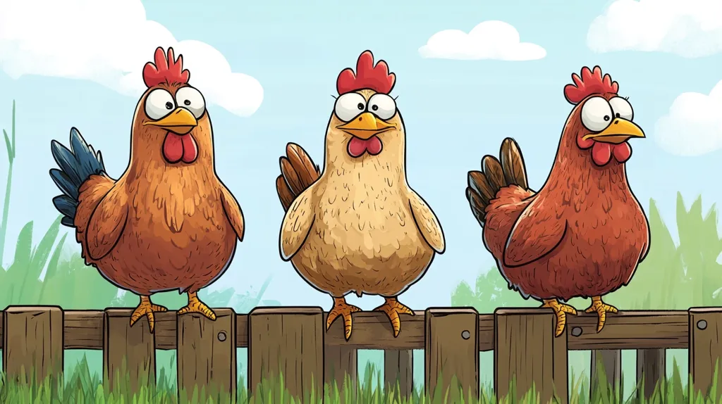 Three cartoon chickens of varying shades of brown are perched atop a wooden fence.  They have large, expressive eyes and comical expressions. The scene is set against a backdrop of a bright, sunny day with a grassy field and blue sky. The chickens appear friendly and slightly goofy.