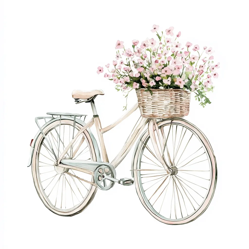 A watercolor painting depicts a pastel-colored bicycle with a wicker basket overflowing with light pink flowers. The bicycle is elegantly designed with thin spokes on its wheels and a gently curved frame. The overall style is romantic and evokes a feeling of springtime freshness and gentle movement.  The white background emphasizes the delicate colors of the bike and flowers.