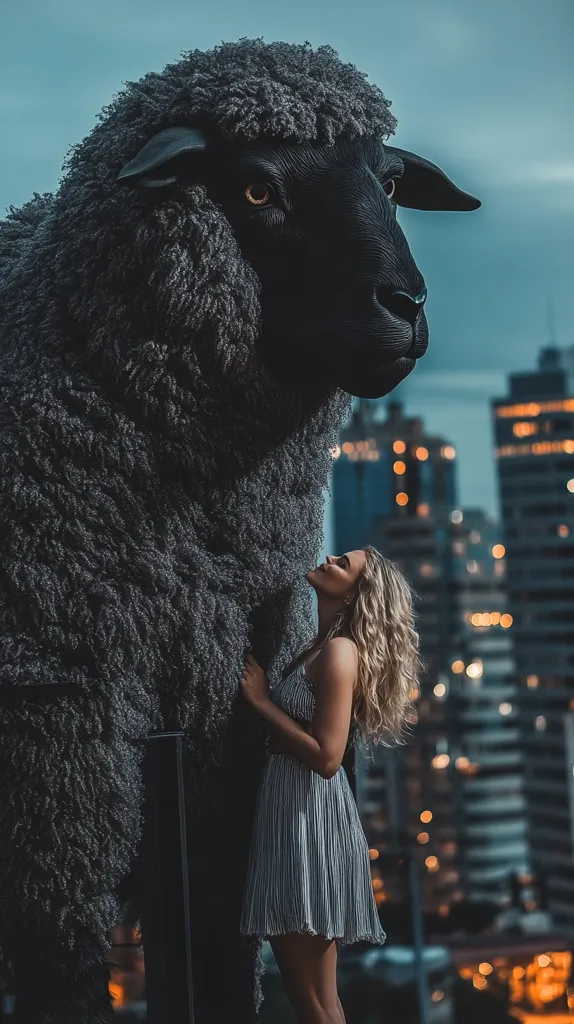 A young woman with long blonde hair stands close to a large, dark-grey sheep sculpture.  The sculpture is incredibly realistic, its wool-like texture detailed.  The woman is wearing a pleated light grey dress. The backdrop is a blurred cityscape at twilight, with city lights twinkling in the background, creating a striking contrast between the woman, the sheep, and the urban environment.