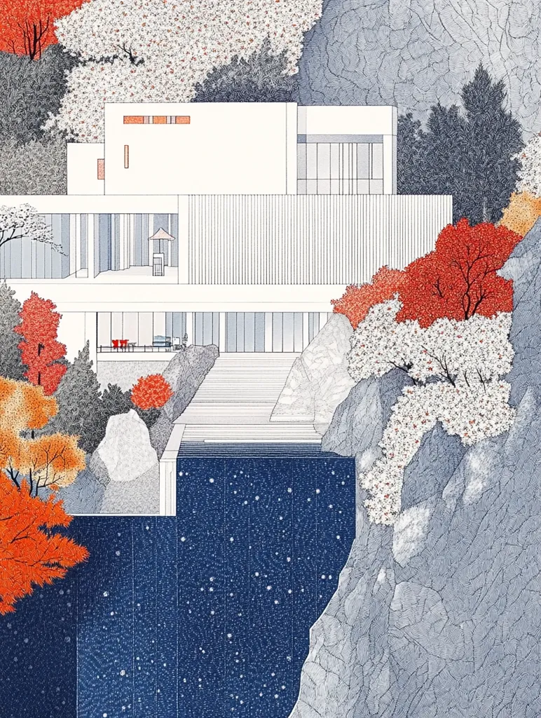 A minimalist white house, nestled into a rocky hillside, overlooks a dark blue body of water.  Autumnal trees in shades of red and orange flank the structure, contrasting with the grey-blue rocks and white building.  The architectural style is clean and modern, with simple lines and geometric shapes. The illustration evokes a serene and peaceful atmosphere, highlighting the contrast between nature and architecture.