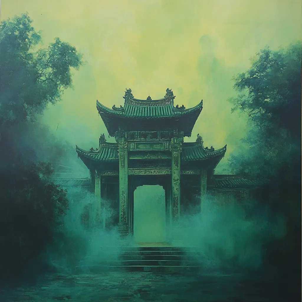 An atmospheric painting depicts a weathered, green-hued Chinese gatehouse shrouded in mist.  The gate, with its intricate roofline and traditional architecture, stands at the top of a stone staircase, disappearing into the ethereal fog.  Dark green foliage frames the scene, creating a serene yet mysterious ambiance.  The overall color palette is dominated by varying shades of green and yellow, enhancing the mystical mood.