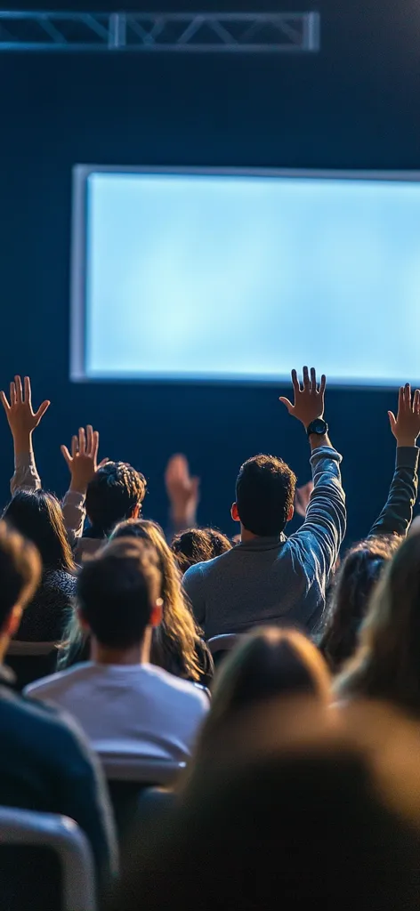 A large group of people are seated in a dark auditorium, facing a blank screen.  Many have their hands raised, indicating participation or questions during a presentation or event. The atmosphere is dimly lit, focusing attention on the audience's engagement. The setting suggests a conference, lecture, or similar gathering.