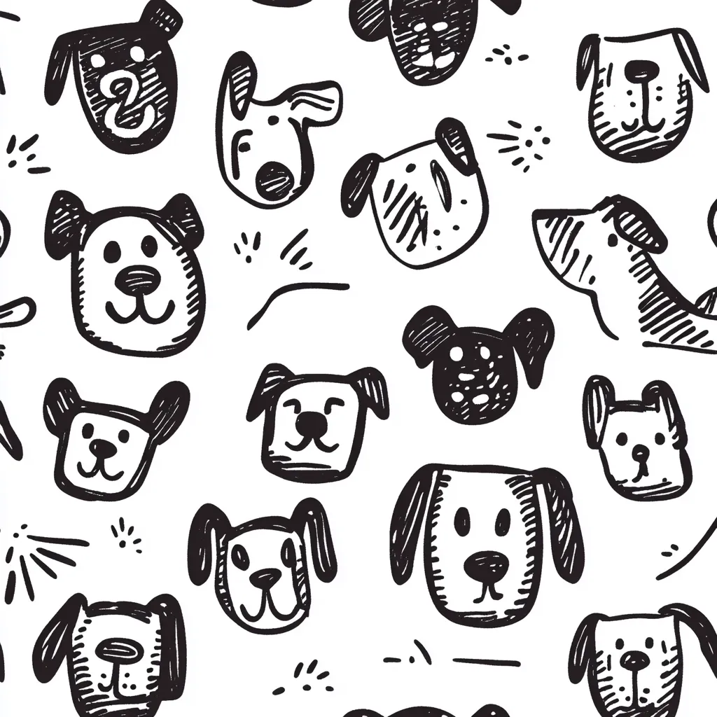 A seamless pattern featuring hand-drawn illustrations of various dog breeds.  The dogs are depicted in a simple, cartoonish style with black ink on a white background.  Each dog's face is unique, showcasing different expressions and markings.  Small decorative elements, like squiggles and dots, are scattered amongst the dog faces, adding to the playful aesthetic. The overall design is whimsical and charming.