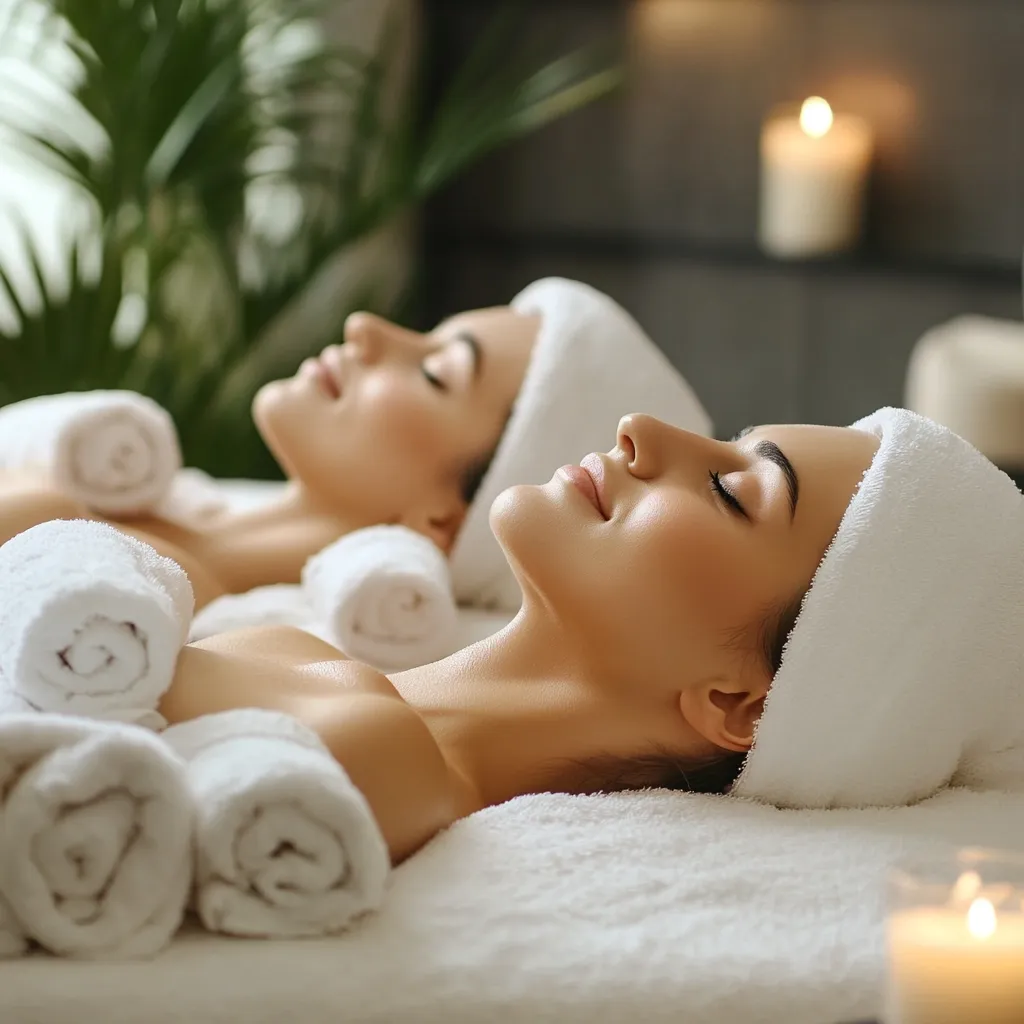 Two women relax on massage tables in a spa, eyes closed and draped in white towels.  Soft lighting and candles create a serene atmosphere.  The focus is on the woman in the foreground, her face peaceful and serene. The image evokes a sense of tranquility and well-being associated with spa treatments.