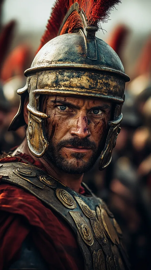 A close-up shot portrays a Roman soldier, his face bearing the marks of battle.  Blood stains his cheeks, highlighting his intense gaze. He's adorned in a weathered, metallic helmet with a crimson plume, and his armor features intricate golden details.  The background is blurred, suggesting the chaos of a battlefield and other soldiers.  The image evokes strength, resilience, and the brutality of ancient warfare.