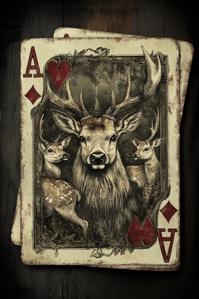A stylized ace of diamonds playing card features a majestic stag as the central figure, flanked by two smaller deer. The card's design is dark and detailed, with a grunge aesthetic and muted color palette. The deer are rendered in a detailed, almost etched style, emphasizing their antlers and fur. The overall impression is one of a mystical, vintage charm.