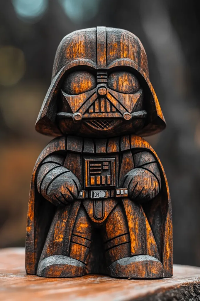 A meticulously carved wooden figurine of Darth Vader stands proudly.  The dark, rich wood grain is enhanced by a deep, burnt orange stain, highlighting the intricate details of the Sith Lord's iconic helmet, armor, and cape.  The figure's posture is stoic, and the craftsmanship is evident in the smooth curves and sharp lines. It is a striking example of wood carving artistry.