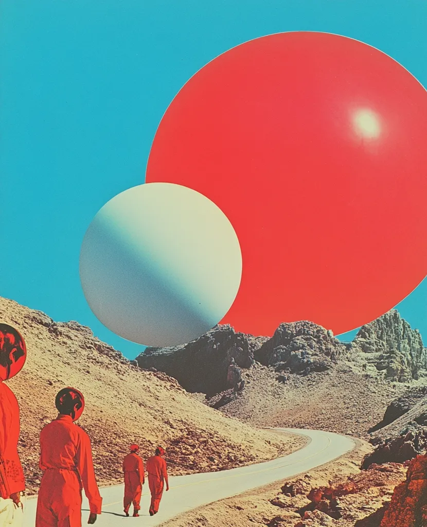 A surreal landscape features a winding road through a desert, dwarfed by an enormous red and a smaller white sphere hovering in the vibrant turquoise sky.  Four figures in red jumpsuits walk along the road, their backs to the viewer, creating a sense of journey and otherworldly scale. The image's bold colors and contrasting elements suggest a dreamlike, futuristic setting.