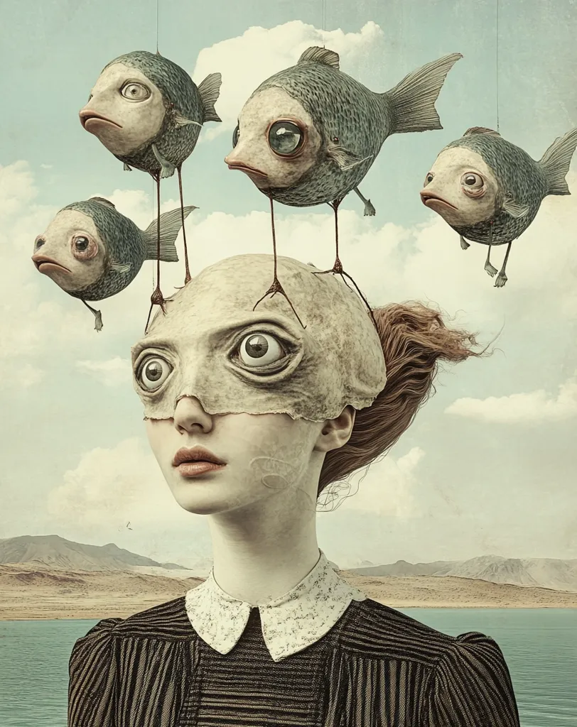 A surreal digital painting depicts a young woman with a pale, mask-like face and large eyes.  Four peculiar fish, with oversized eyes and legs, are suspended above her head, their bodies seeming to be attached to her scalp. The woman gazes pensively towards the viewer against a backdrop of a serene, desert landscape and a calm body of water.  The overall mood is dreamlike and slightly unsettling.