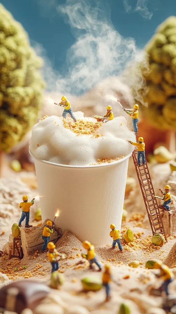 Miniature construction workers, clad in yellow hard hats and blue overalls, are meticulously crafting a frothy coffee beverage.  They work diligently around a large paper cup filled with a creamy concoction, sprinkled with what appears to be crushed nuts.  The scene is set in a whimsical landscape, with miniature trees and a sandy base, creating a fantastical and artistic depiction of coffee preparation.