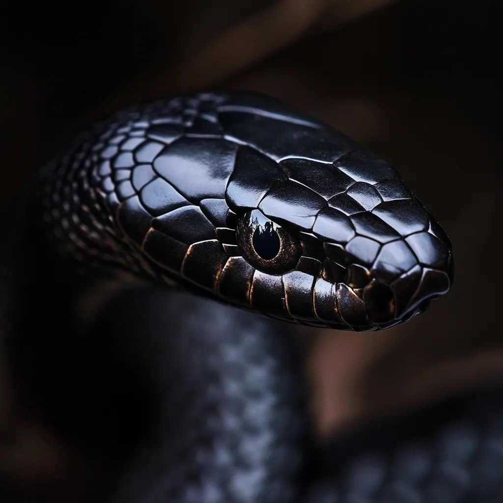 A close-up reveals the head of a sleek, black snake.  Its scales gleam with a dark, almost metallic sheen. The snake's eye, a pinpoint of light, contrasts against the intense black of its body.  The focus is sharp on the head, creating a dramatic and intense image. The background is blurred, drawing attention to the snake's captivating gaze.