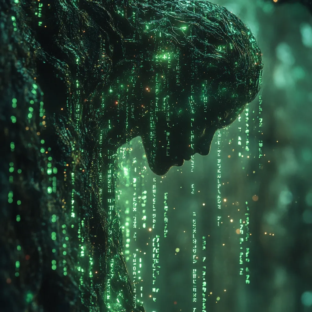 A digital rendering depicts a shadowy, humanoid figure seemingly composed of dark, textured material.  Green, glowing code cascades down its form and into the background, creating a rain-like effect. The figure's head is bowed, suggesting sadness or contemplation. The overall aesthetic is dark, moody, and evokes themes of technology, data, and perhaps existentialism.
