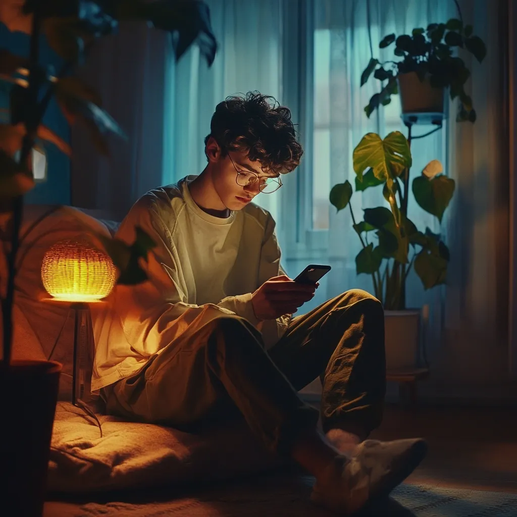 A young man with glasses sits on a floor cushion in a dimly lit room, illuminated by a warm-toned lamp.  He's engrossed in his smartphone, his posture relaxed yet focused.  Houseplants and a window with teal curtains form a backdrop to the cozy scene. The overall ambiance is calm and intimate.
