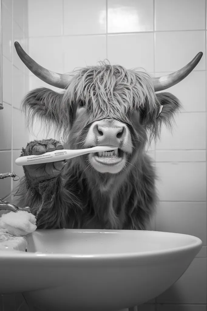 A Highland cow sits in a bathroom, its long, shaggy fur framing its face.  It holds a toothbrush, its mouth open in a comical expression as if brushing its teeth.  The monochrome image highlights the cow's furry texture against the clean white tiles and sink.  The scene is both humorous and unexpected, creating a memorable juxtaposition.