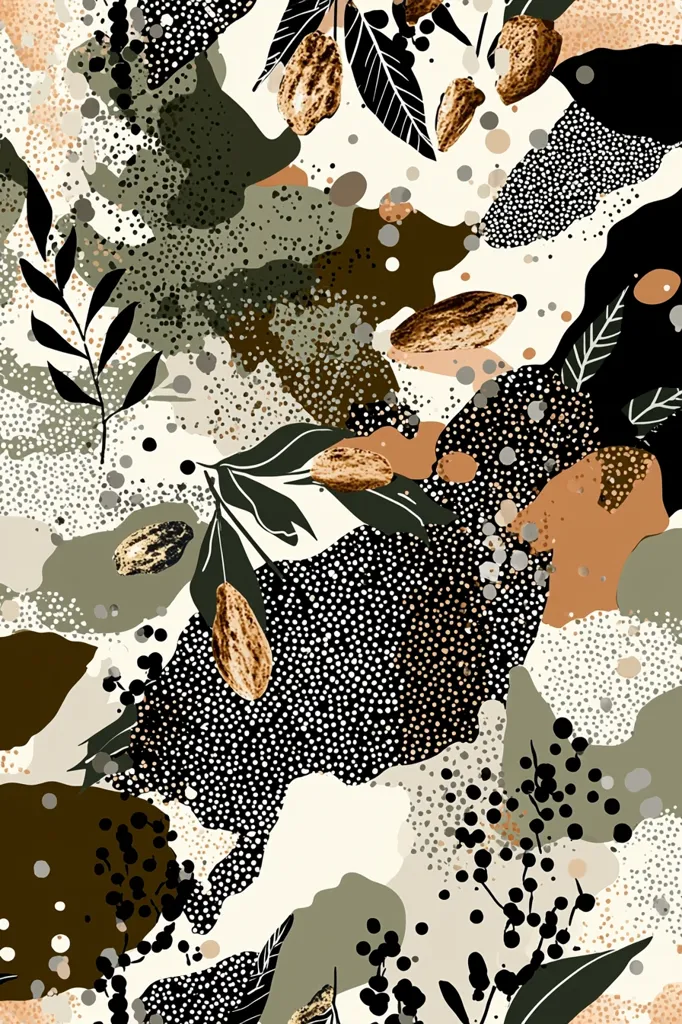 An abstract pattern featuring stylized botanical elements and organic shapes.  Earthy tones of olive green, beige, and brown dominate, interspersed with black dotted textures.  Almond-like shapes are scattered throughout, creating a sense of natural abundance. The design blends organic forms with abstract splotches, resulting in a visually rich and textured composition.