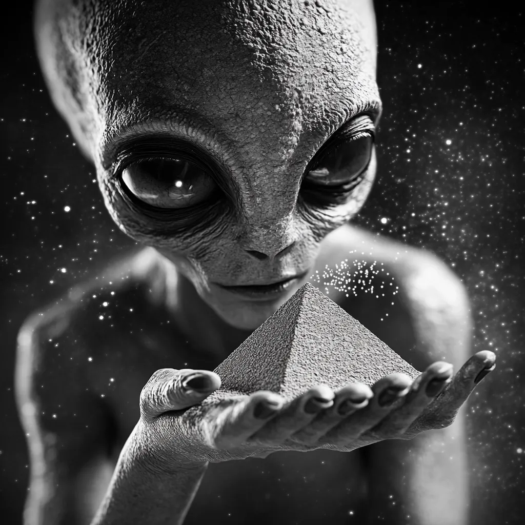 A grayscale image depicts a grey alien, its large, dark eyes fixed on a miniature pyramid held gently in its hands.  The alien's expression is one of intense focus or reverence.  A sparkling, ethereal dust surrounds the pyramid, adding a mystical quality to the scene. The background is a dark, star-filled space, enhancing the otherworldly atmosphere.