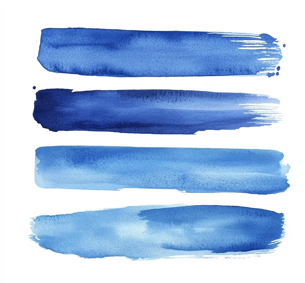 Four horizontal watercolor stripes in varying shades of blue are displayed against a white background.  The top stripe is a darker, more saturated blue, while the bottom stripe is a lighter, more diluted shade.  The middle two stripes show a gradient of blue tones. The brushstrokes are visible, adding texture to the overall design.