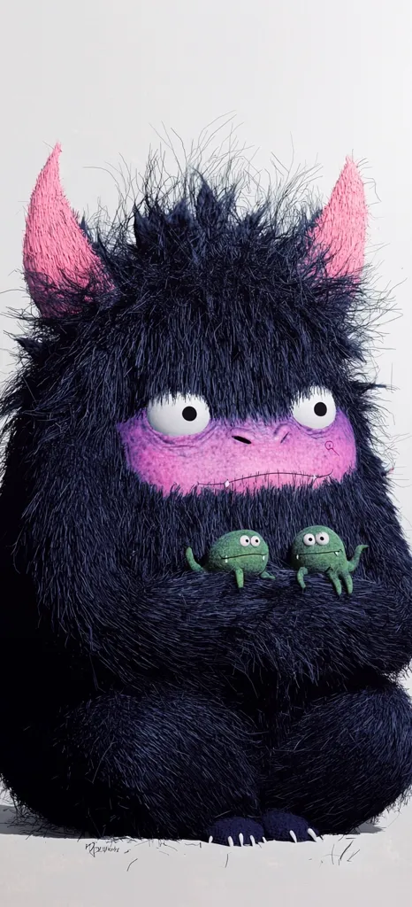 A whimsical 3D rendering depicts a fluffy, dark-purple monster with pink horns.  It sits with a contented expression, protectively cradling two small, green, frog-like creatures in its arms. The monster's fur is long and textured, contrasting with the smoother skin of its face and the simpler forms of the smaller beings.  The overall style is playful and endearing.