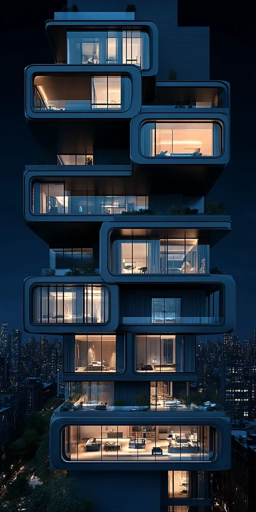 A modern, dark-grey high-rise building stands illuminated at night.  Its unique design features stacked, rounded rectangular sections, each containing multiple apartments with large windows showing warm interior lighting.  The building is set against a backdrop of a city skyline, showcasing its striking architectural style.  Balconies are visible on several levels, adding to the building's luxurious aesthetic.