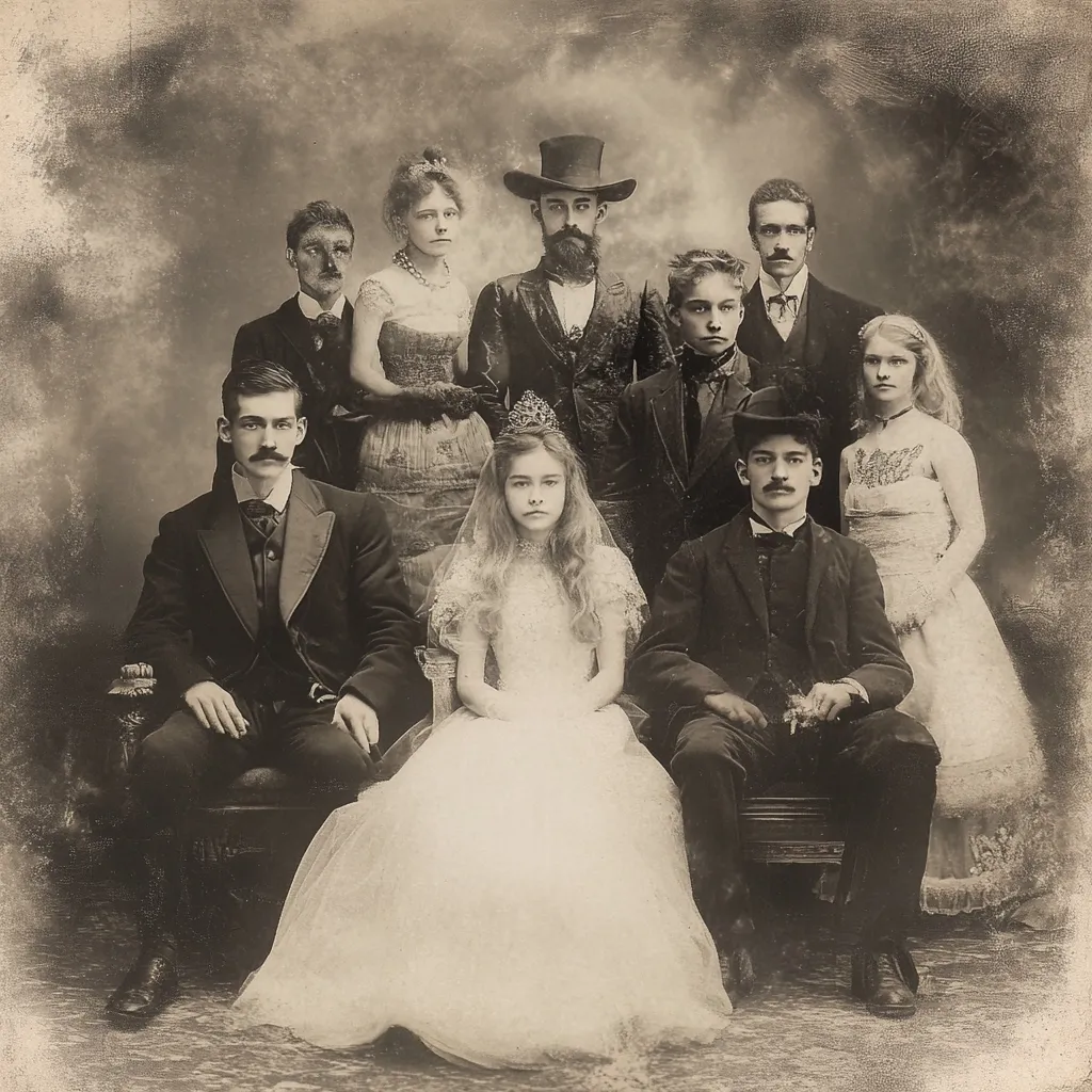 A sepia-toned photograph captures a large family portrait, possibly from the late 19th or early 20th century.  The central focus is a young girl in a bridal gown, flanked by a seated man in formal attire and other family members.  The group includes men in suits and hats, and women in elegant dresses. The background is a textured, faded backdrop typical of antique photography. The overall mood is formal and reminiscent of a bygone era.