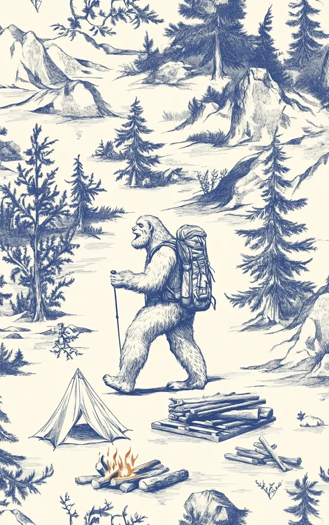 A whimsical illustration depicts Bigfoot, a large, hairy creature, hiking through a mountainous landscape. He carries a backpack and trekking poles, and a small tent and campfire are visible. The scene is rendered in a delicate blue ink style against a cream background, reminiscent of vintage nature prints.  The overall feel is adventurous and playful.