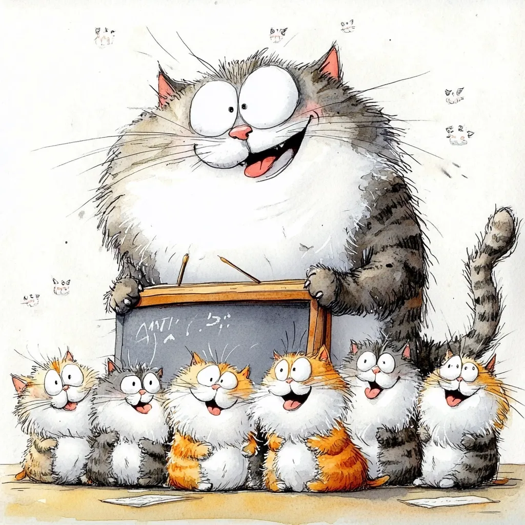 A large, jovial gray cat teacher stands proudly beside a chalkboard, overseeing a class of five smaller, equally expressive feline students.  The kittens, a mix of orange and gray tabbies, sit attentively, their wide eyes and open mouths suggesting eager participation.  The whimsical artwork uses watercolor techniques to create a lighthearted and charming scene. Tiny cat faces are scattered in the background, adding to the playful atmosphere.