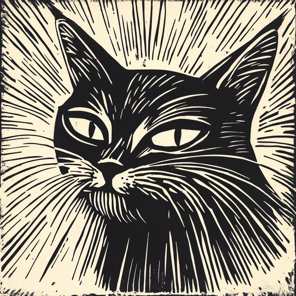 A striking black and white woodcut depicts a cat's head and shoulders.  The cat's intense gaze is emphasized by bold lines and stark contrast.  Radiating lines behind the cat create a burst of energy, enhancing the image's dramatic effect. The style is reminiscent of vintage printmaking, with detailed fur and expressive eyes.  The overall impression is one of power and quiet intensity.