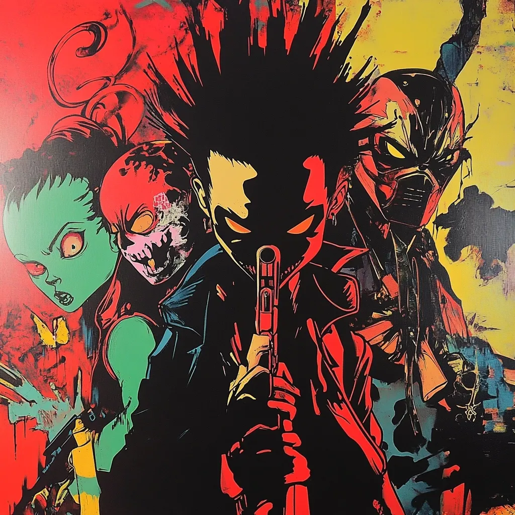 A vibrant, graphic artwork depicts three stylized figures, possibly anime-inspired, against a bold backdrop of red and yellow.  The central figure, wielding a gun, has spiky hair and glowing eyes. Flanking them are two additional characters, one green-skinned and female, the other masked and seemingly robotic. The overall style is reminiscent of street art, with bold lines and contrasting colors creating a powerful visual impact.