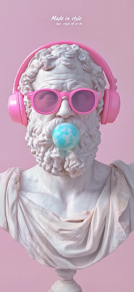 A classical marble bust of a bearded man is depicted wearing pink headphones and sunglasses, and blowing a light blue bubblegum. The image is set against a solid pink backdrop, and text at the top reads "Made in style, the style of irt AI." The contrast between the ancient sculpture and modern accessories creates a humorous and stylish juxtaposition.