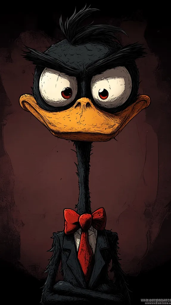 A stylized illustration of Daffy Duck, rendered in a dark, gritty aesthetic.  He's depicted with exaggerated features – large, intense eyes, and a scowling expression.  He's dressed in a dark suit and a vibrant red bow tie, adding a touch of formality to his otherwise menacing appearance. The background is a textured, dark maroon, enhancing the overall ominous feel.