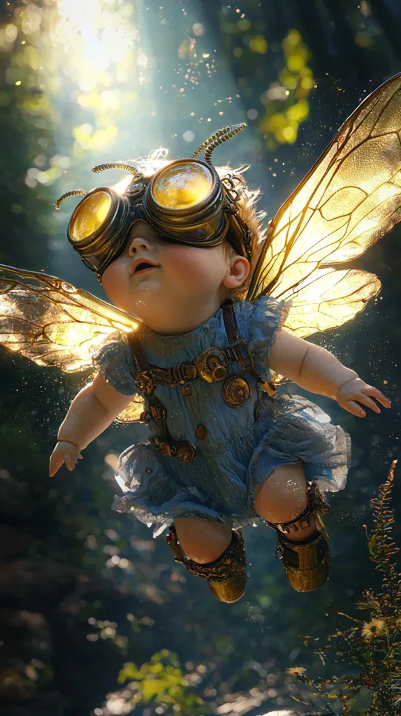 A whimsical digital illustration depicts a baby fairy in flight.  The baby, wearing a blue dress and steampunk-inspired goggles and boots, possesses large, translucent golden wings. Sunlight streams through the forest setting, illuminating the fairy and creating a magical atmosphere. The scene is filled with bokeh effects, enhancing the fantasy element.