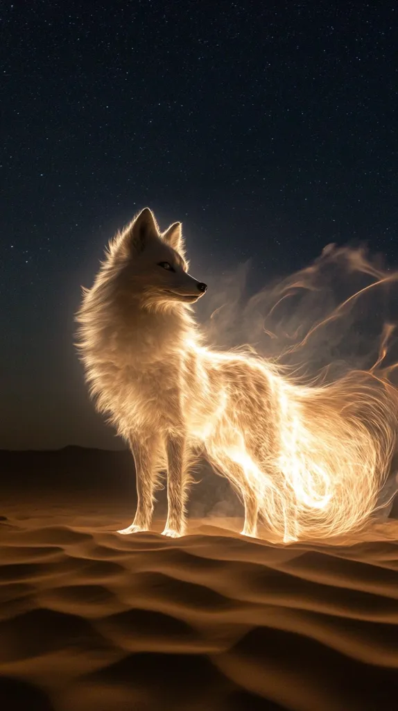 A luminous white fox stands in a desert under a starlit sky.  Its fur glows with an ethereal, golden light, particularly its flowing tail which trails behind like fiery strands. The contrast between the bright creature and the dark, sandy landscape creates a mystical and captivating scene.  The image evokes a sense of magic and wonder.