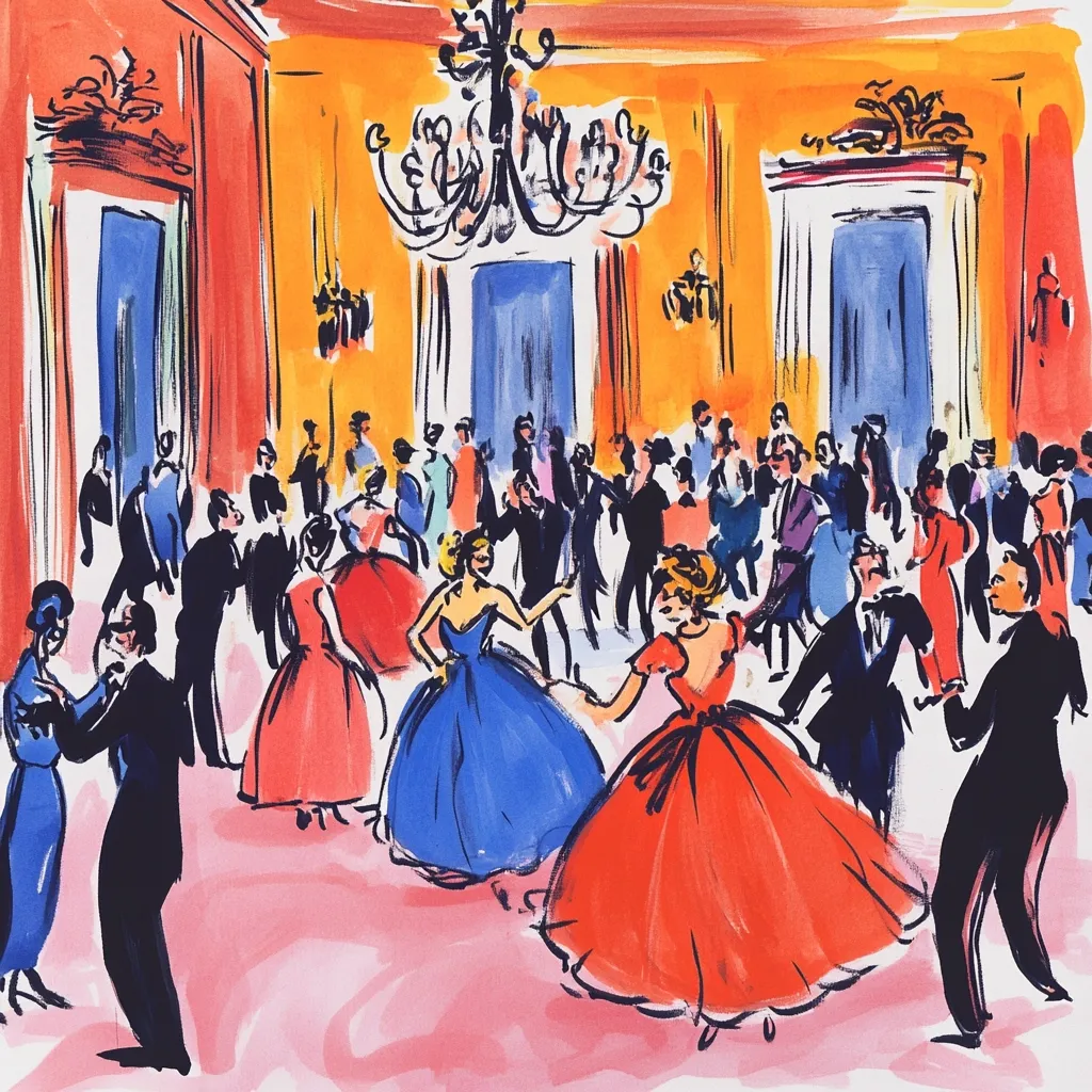 A vibrant ballroom scene unfolds, filled with elegantly dressed couples waltzing.  Women in flowing gowns of red, blue, and pink swirl across the floor, their partners in dark suits.  A grand chandelier illuminates the opulent room, its walls a warm orange, contrasting with the cool blues of the doorways.  The style is loose and expressive, characteristic of a lively, impressionistic painting.  The atmosphere is one of joyous celebration and sophisticated grace.