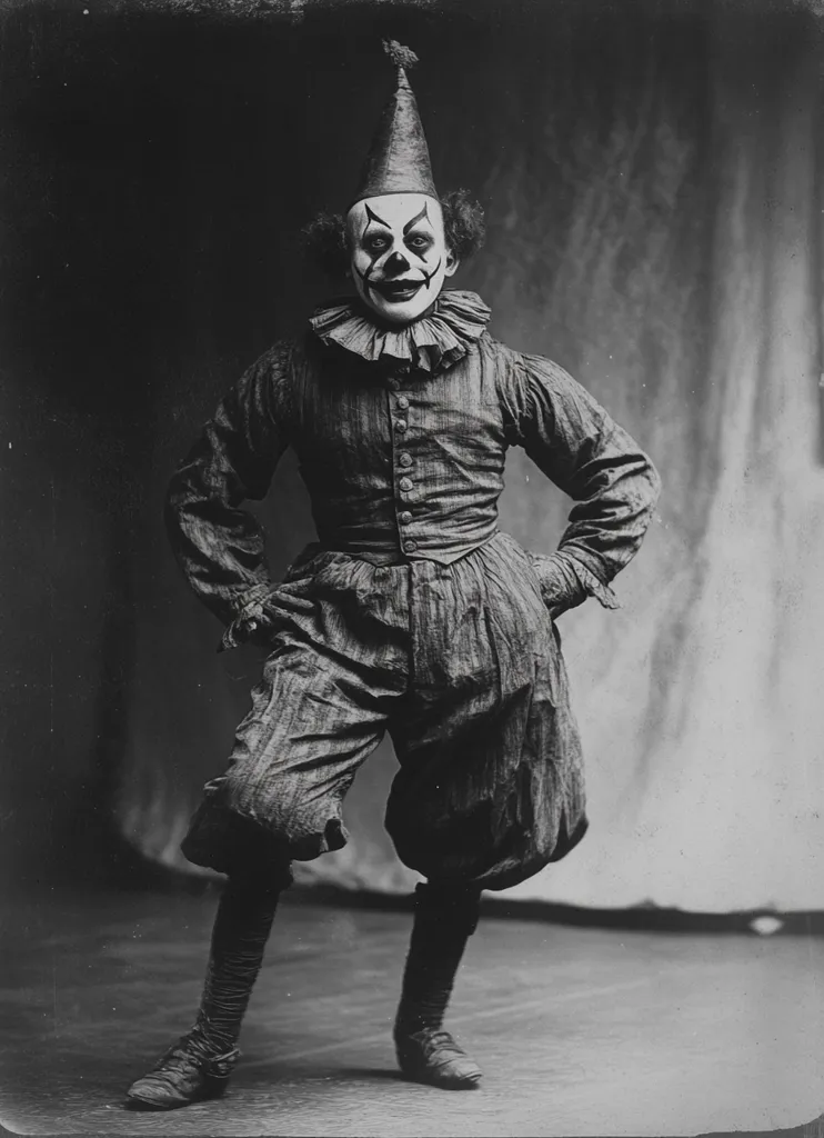 A monochrome, full-length photograph captures a clown in period costume. The clown's face is painted white with exaggerated black features. The attire consists of a pointed hat, ruffled collar, and loose-fitting pants. The expression is unsettling, creating a somewhat sinister or melancholic atmosphere. The image's stark contrast and dark background enhance the overall mood. The photograph evokes a vintage aesthetic, possibly from the late 19th or early 20th century.