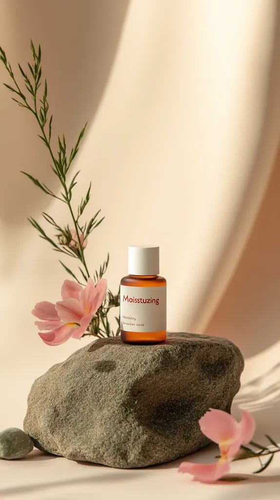 A small bottle of "Moissuzting" intensive moisturizing serum sits atop a grey rock.  Delicate pink flowers and green stems are artfully arranged around the base. The scene is softly lit, casting gentle shadows, creating a minimalist and natural aesthetic against a neutral beige backdrop. The overall mood is serene and calming.