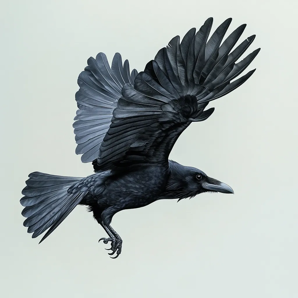A detailed illustration showcases a raven in flight against a muted background. Its wings are outstretched, feathers meticulously rendered, showing a dark, almost black hue with subtle variations in tone. The raven's body is sharply defined, its beak pointed, and its talons subtly visible. The overall impression is one of power and elegance, a striking portrayal of the bird in motion.
