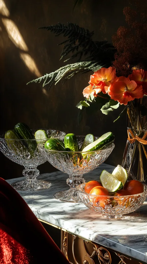 Two crystal bowls filled with cucumbers and oranges sit on a marble table.  A bouquet of orange flowers in a crystal vase is behind the bowls.  Sunlight streams through a window, casting shadows on the dark background.  A rich red fabric is visible in the lower left corner. The scene is elegant and subtly dramatic.
