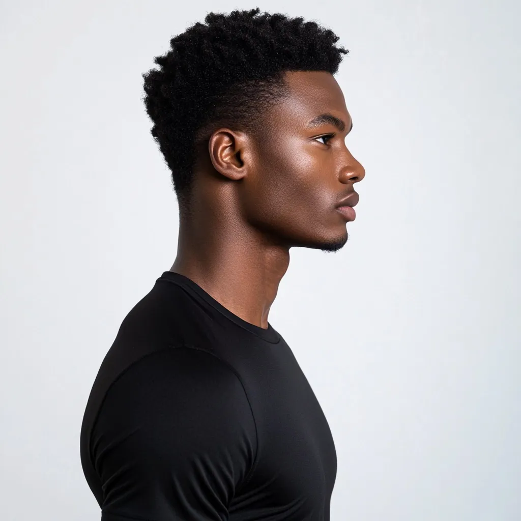 A young Black man with short, textured hair is shown in profile view against a light gray background. He's wearing a fitted black, short-sleeved shirt. His expression is serious and neutral, and he gazes directly to his right.  The image is clean and simple, focusing on his features and posture.