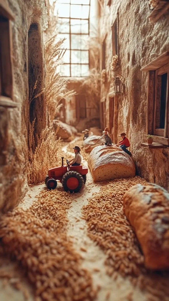 A miniature diorama depicts a rustic village scene. A small red tractor driven by a miniature farmer travels along a path strewn with wheat grains.  Loaves of bread sit along the path, with miniature figures interacting near them. The setting is a narrow alley between aged stone buildings, bathed in soft, natural light filtering through a large window.  The overall scene suggests a harvest or baking theme.