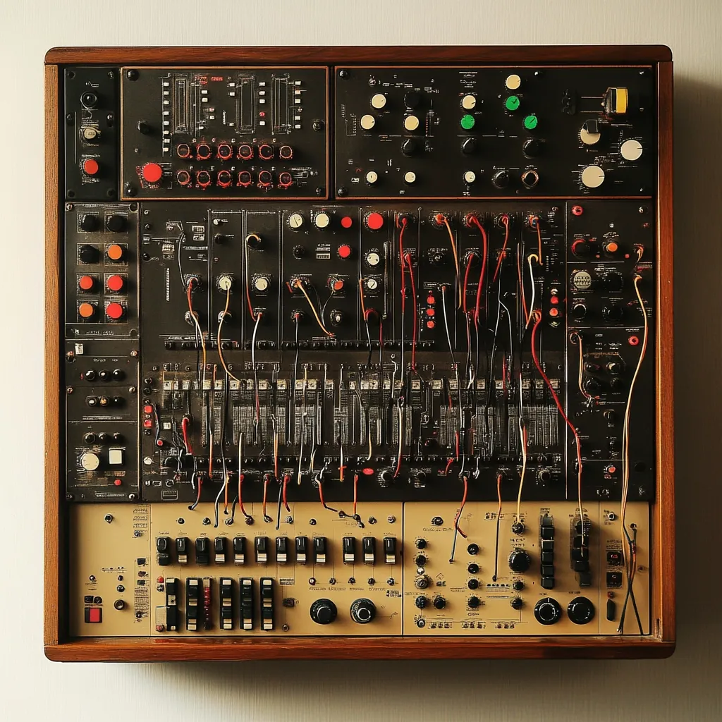 A vintage modular synthesizer is mounted on a wall.  The dark brown wooden case houses numerous knobs, buttons, switches, and patch cables, indicating a complex and potentially powerful instrument.  Various modules are interconnected, suggesting a customized setup. The overall aesthetic is retro and technological, showcasing a classic piece of electronic music equipment.