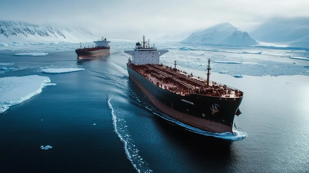 Two large oil tankers navigate icy waters near a snow-capped mountain range.  The vessels are prominent in the foreground, their wakes visible in the dark blue sea.  Numerous ice floes dot the water's surface, indicating a cold, possibly polar, environment. The scene is dramatic, showcasing the scale of the ships against the vast, icy landscape.