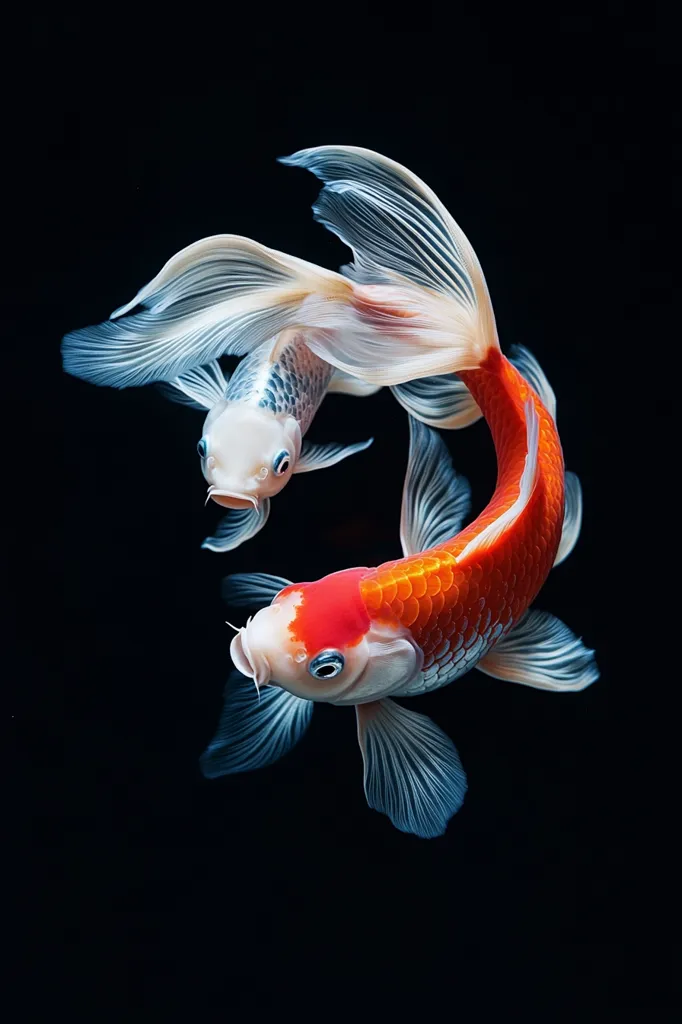 Two Koi fish gracefully swim against a stark black background.  One is predominantly white with hints of grey and orange, its fins elegantly flowing. The other is a vibrant orange and white, its scales shimmering.  Their bodies are intertwined, creating a dynamic and visually striking composition. The image highlights the beauty and intricate details of these ornamental fish.