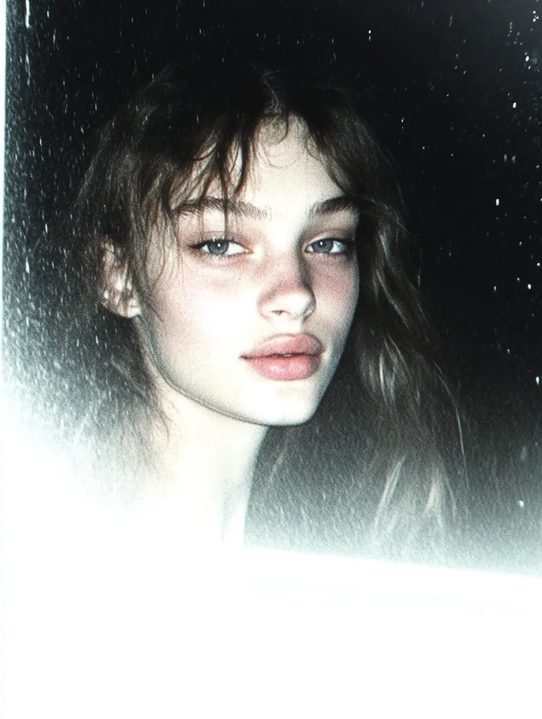 Close-up portrait of a young woman with long, dark brown hair partially covering her face.  She has light skin, blue eyes, and full lips. The image has a grainy, slightly out-of-focus quality, suggesting a vintage or film photograph.  The background is dark and indistinct, with a slight speckled effect.  The overall mood is melancholic and atmospheric.