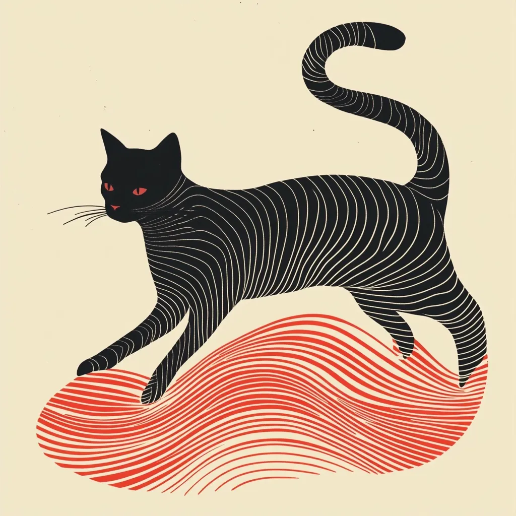 A stylized black cat, rendered in parallel lines, is depicted gracefully leaping over a vibrant red, wavy form.  The cat's body and the undulating surface share a similar linear pattern, creating a cohesive visual rhythm.  The cat's bright red eyes add a striking contrast against the monochromatic palette, enhancing its elegant form.  The overall design is minimalist yet captivating, showcasing a blend of graphic art and nature.