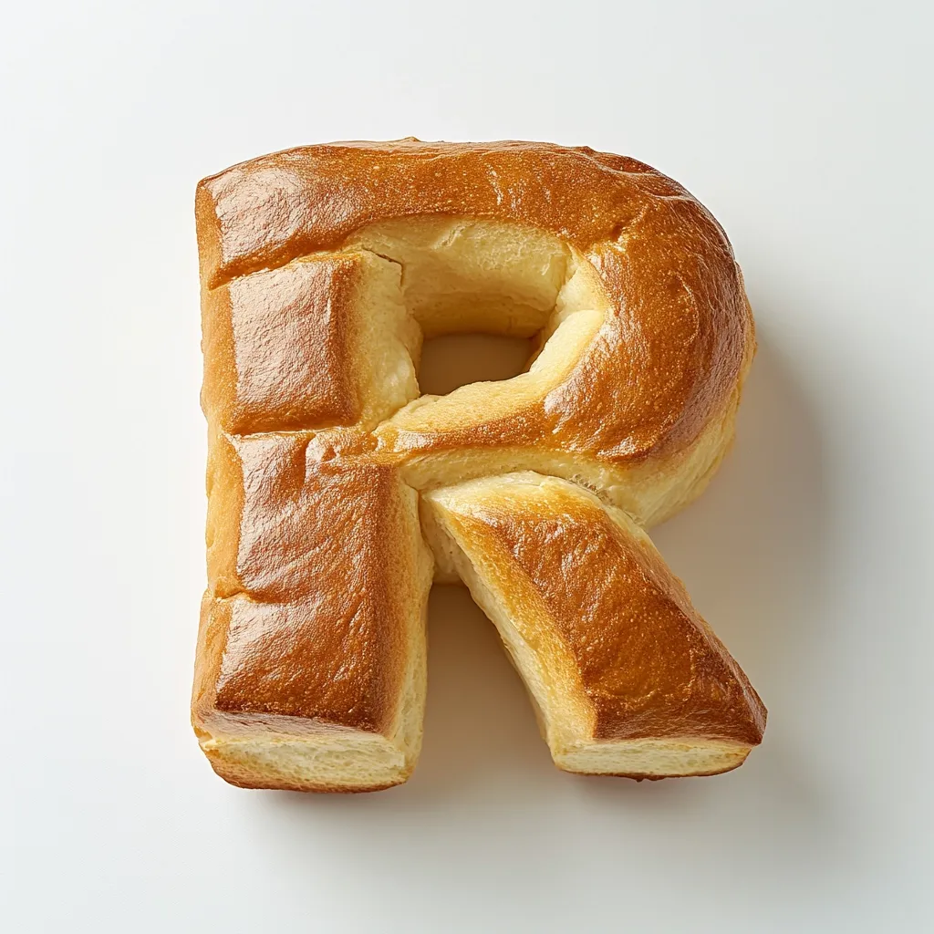 A golden-brown baked bread roll is shaped into the letter "R."  The bread has a slightly glossy surface and appears soft and fluffy. The letter is presented against a plain white background, highlighting its unique form.  The image is a high-angle, close-up shot of the bread.