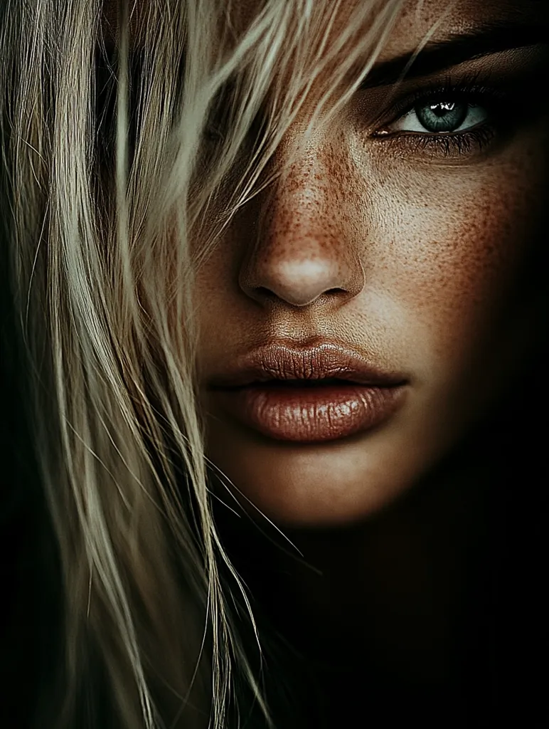 A close-up portrait of a woman with long, blonde hair partially covering her face.  Her skin is lightly freckled, and her gaze is intense, directed towards the viewer.  The image is darkly lit, emphasizing her features and creating a dramatic, mysterious mood. The focus is sharp on her eyes and lips, drawing attention to their detail and expression.