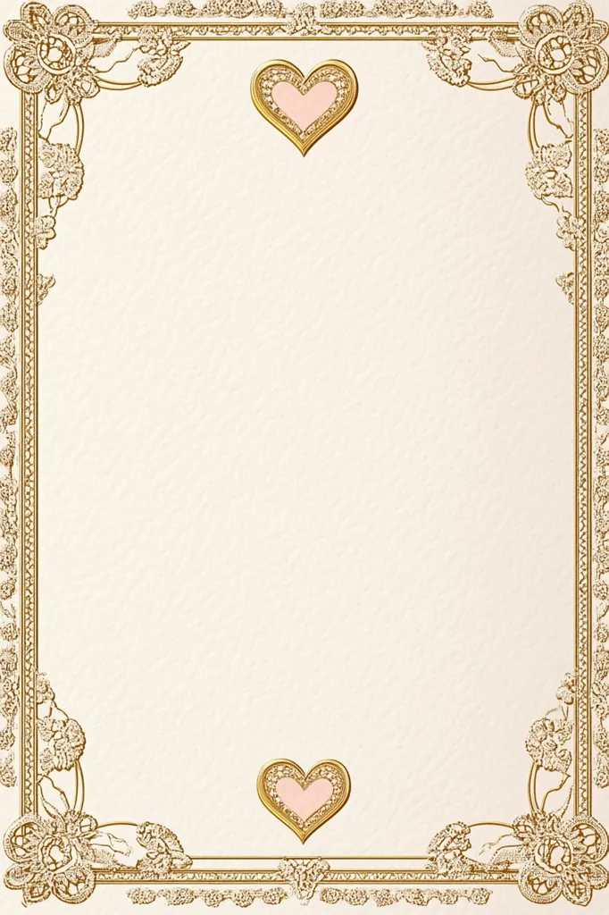 An elegant, cream-colored invitation or certificate features a gold ornate border with floral motifs.  Two delicate pink hearts are centrally positioned within the gold frame, adding a romantic touch. The textured background and detailed border create a luxurious and sophisticated feel, perfect for special occasions.  The ample blank space within the frame is ideal for personalized text or imagery.