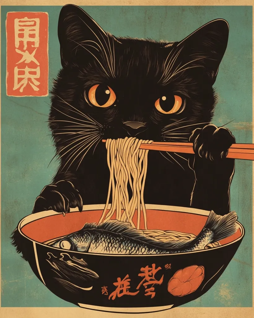 A stylish vintage-style poster features a black cat elegantly eating ramen noodles with chopsticks.  The bowl contains noodles and a fish, and Japanese characters adorn the bowl and the background.  The cat's intense gaze and the detailed artwork create a captivating image with a blend of Japanese aesthetics and feline charm. The overall style evokes a sense of nostalgia and artistic flair.